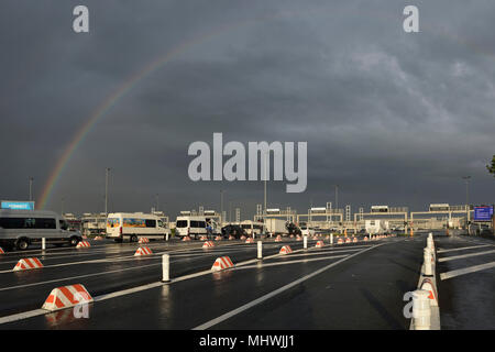 Rainbow over the Eurotunnel Calais Terminal, Coquelles, France Stock Photo