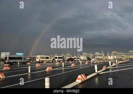 Rainbow over the Eurotunnel Calais Terminal, Coquelles, France Stock Photo