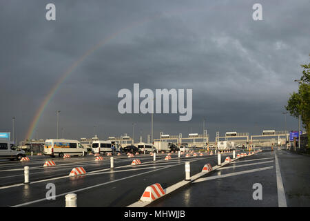 Rainbow over the Eurotunnel Calais Terminal, Coquelles, France Stock Photo