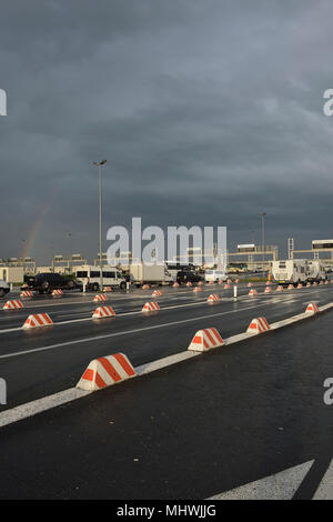 Rainbow over the Eurotunnel Calais Terminal, Coquelles, France Stock Photo