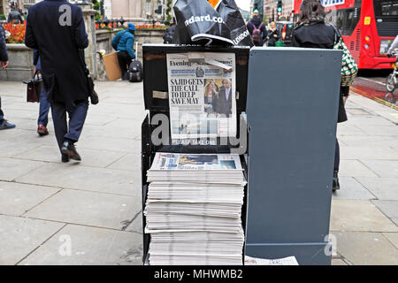 'Sajid Gets the Call to Help Save May' Sajid Javid new Tory Home Secretary Evening Standard stack of newspapers in London street UK on  30 April 2018 Stock Photo