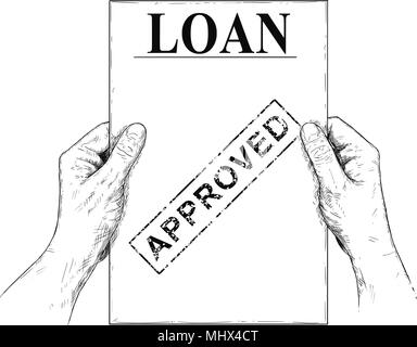 Vector Artistic Illustration or Drawing of Hands Holding Approved Loan Application Document Stock Vector