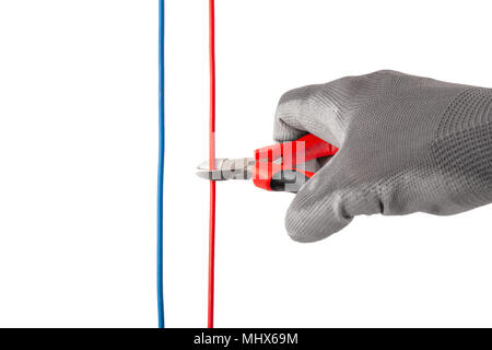 Wire nippers, pliers repairing tool in a hand of electrician in protective glove, cutting red wire isolated on white. Stock Photo