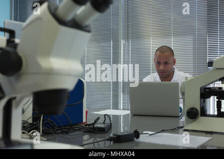 Scientist using laptop at desk Stock Photo