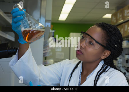 Scientist checking a solution in conical flask Stock Photo
