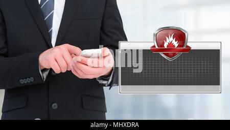 Firewall shield icon box and man using phone Stock Photo