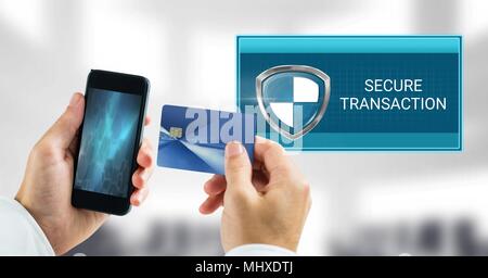 Secure transaction shield icon and phone with bank card Stock Photo