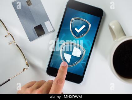 Antivirus security protection shields touched on phone Stock Photo