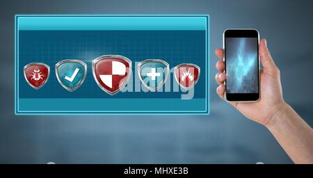 Antivirus security protection shields in box and hand holding phone Stock Photo