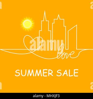 Retro Summer Sale Vector Illustration of Abstract Town and heart and love in continuous drawing lines in Flat Design Style Stock Vector