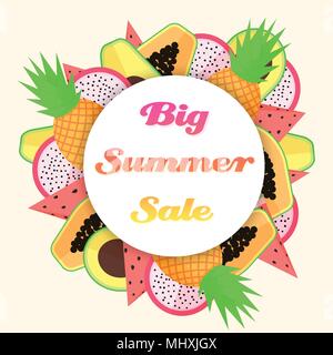 Vector tropical fruit big summer sale template. Includes watermelon, dragon fruit, papaya, avocado and pineapple. Stock Vector