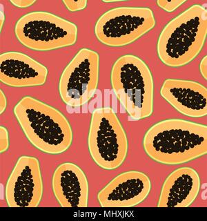 Vector papaya exotic fruit seamless pattern in flat style on the red background Stock Vector