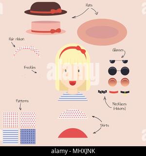 Create your avatar. Vector girl character with different accessories: hats, necklaces, glasses and more. Stock Vector