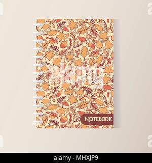 Vector autumn spiral notebook cover with pattern containing maple and oak leaves, tree branches,  acorns and berries. Stationery template. Stock Vector