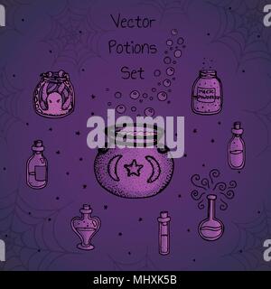 Set of hand drawn vector alchemy bottles. Purple potions, elixirs, vials and cauldrons. Halloween  line art. Stock Vector