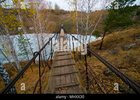 Rear view of small group of hikers walking over river footbridge, Kislokan, Evenk, Russia Stock Photo