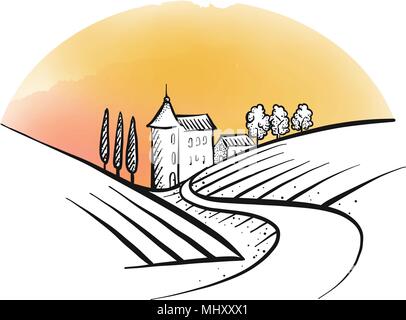 vector hand drawn farm houses sketch and nature, colored background. Use for labeling and logo design. Stock Vector