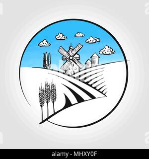 Hand-drawn Windmill icon with landscape and blue background sky. Vector sketch for advertising and logo design Stock Vector