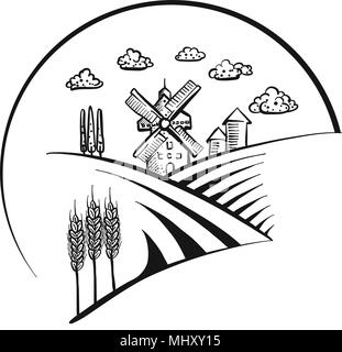 Windmill icon logo sketch. Hand-drawn vector illustration. Stock Vector