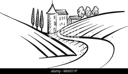 Hand-drawn vector farmland sketch. Landscape and Houses with path. Stock Vector
