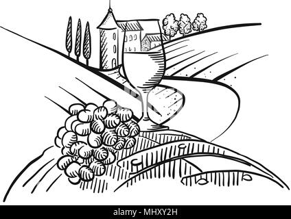 Wine and grapes in front of farmland. Hand-drawn vector sketch. Stock Vector