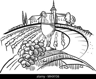 wine on barrel and vineyard landscape. Hand-drawn vector sketch. Stock Vector