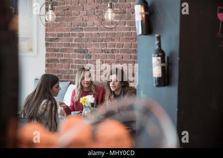 Female friends sitting together in cafe, looking at smartphone Stock Photo