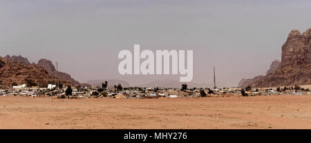 Overview and panorama of the Bedouin village 'Wadi Rum Village' on the edge of the Wadi Rum Nature Reserve, Jordan, middle east Stock Photo