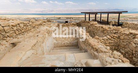 Qumran National Park, where the dead sea scrolls were found and there was a settlement essenes in Judaean desert near Dead Sea, Israel Stock Photo