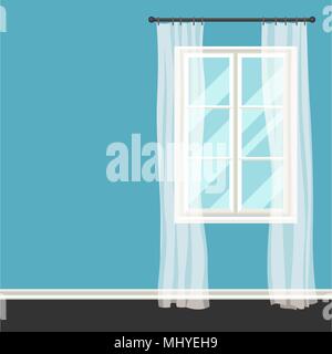White plastic window with transparent curtains on wall Stock Vector