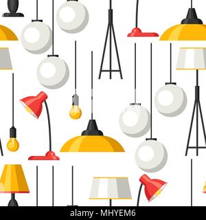 Seamless pattern with chandelier, furniture, floor and table lamps Stock Vector