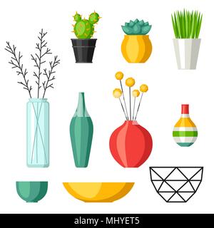 Home decoration vases flower pots, succulents and cacti Stock Vector