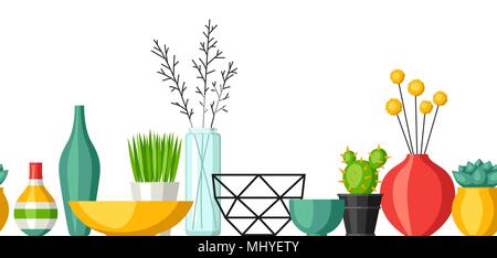 Home decoration vases, flower pots, succulents and cacti. Interior seamless pattern Stock Vector
