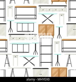 Interior and furniture pattern. Shelving with shelves, cupboards and tables Stock Vector