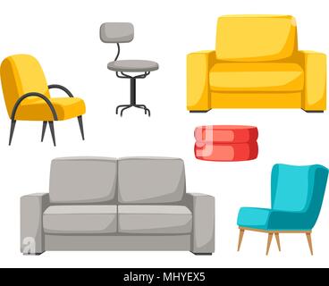 Interior and furniture set. Sofa armchair and pouf Stock Vector