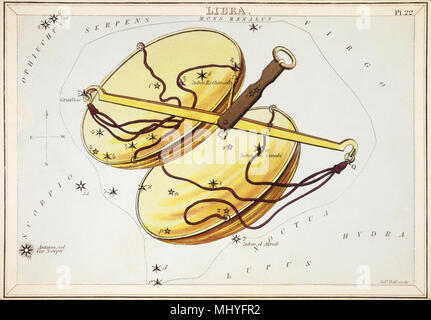 Libra. Card Number 22 from Urania's Mirror, or A View of the Heavens, one of a set of 32 astronomical star chart cards engraved by Sidney Hall and publshed 1824. Stock Photo