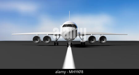 Commercial airplane with four engines on airport runway, takeoff or landing, blue sky background, front view. 3d illustration Stock Photo