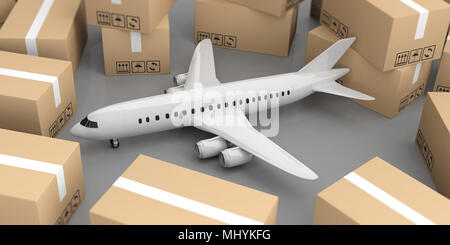 Air shipping. White airplane and moving boxes on grey background, view from above. 3d illustration Stock Photo