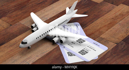 Blank commercial airplane and two boarding passes on wooden floor background. 3d illustration Stock Photo