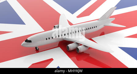 Travel in United Kingdom. Blank commercial airplane with four engines, on UK flag background, view from above. 3d illustration Stock Photo