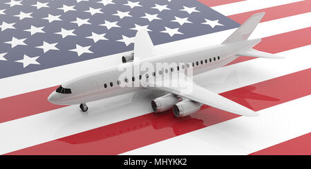 Travel in United States of America. Blank commercial airplane with four engines, on USA flag background, view from above. 3d illustration Stock Photo