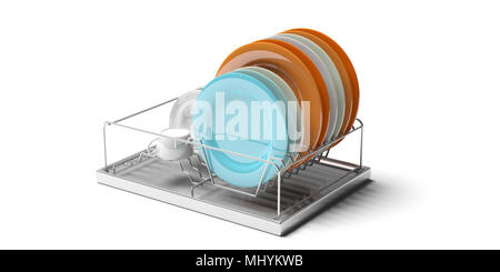 Dish drying rack with white plates on a white kitchen counter. 3d