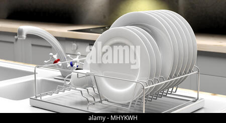 Dish drying rack with white clean plates on a white kitchen sink counter. 3d illustration Stock Photo