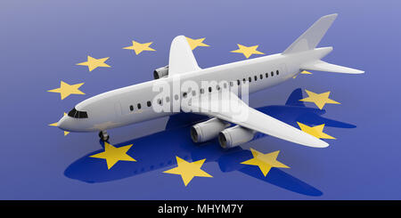 Travel in Europe. Blank commercial airplane with four engines, on EU flag background, view from above. 3d illustration Stock Photo