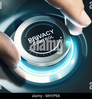 Fingers turning a black knob and setting privacy control to the maximum. Composite image between a hand photography and a 3D background. Stock Photo