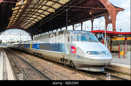 STRASBOURG, FRANCE - APRIL 14: SNCF TGV train at the main station on April 14, 2013 in Strasbourg, France. TGV trains carried more than 2 billion pass Stock Photo