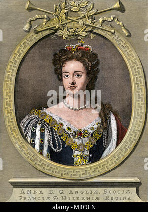 Anne, Queen of Great Britain and Ireland, 1700s. Hand-colored engraving Stock Photo