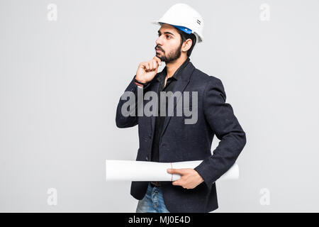 Indian Architect holding blueprints isolated on white Stock Photo