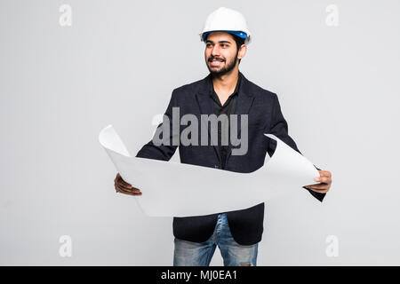 Indian Architect holding blueprints isolated on white Stock Photo