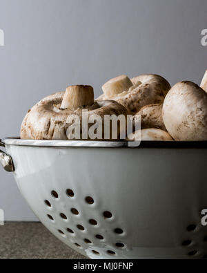 Raw Mushrooms in colander white backround copy space. organic food Stock Photo